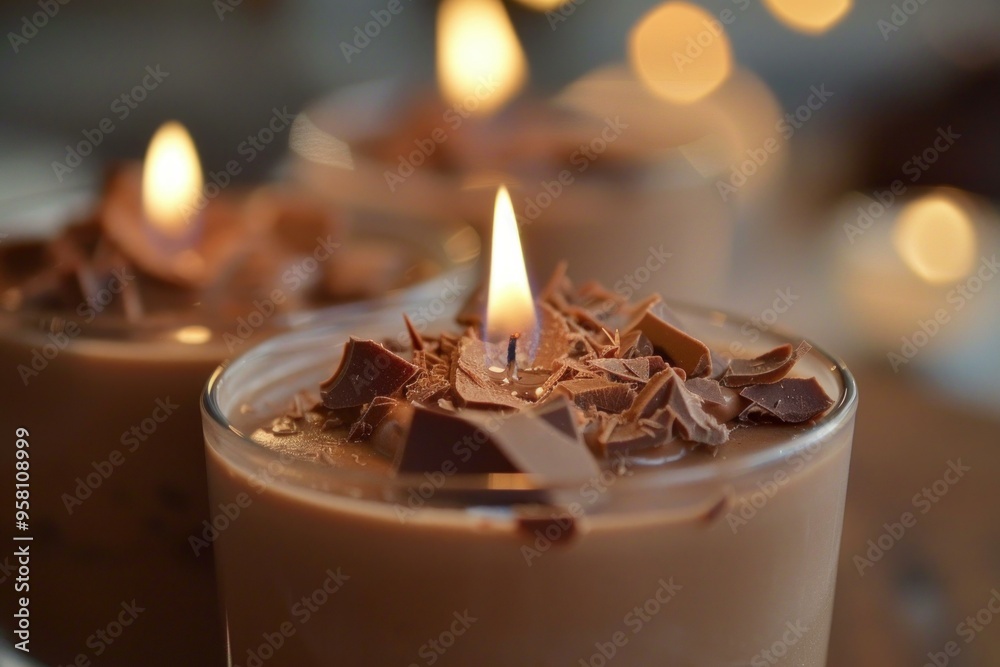 Aromatic chocolate scented candles burning with crackling wood wick creating relaxing and romantic atmosphere Aromatic chocolate scented candles burning with crackling wood wick creating relaxing and romantic atmosphere