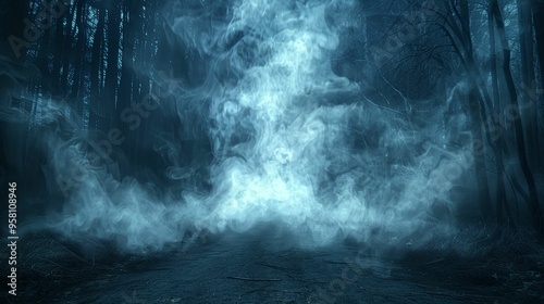 Mystical Blue Smoke in a Dark Forest