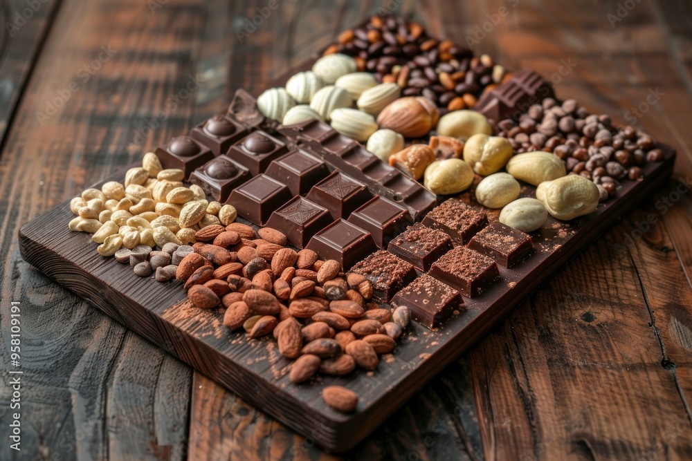 Chocolate bars with different nuts and cocoa powder forming delicious composition on wooden table Chocolate bars with different nuts and cocoa powder forming delicious composition on wooden table