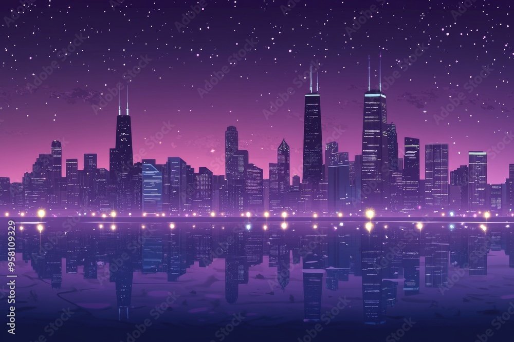 Naklejka premium An evening cityscape silhouette with reflections in water.