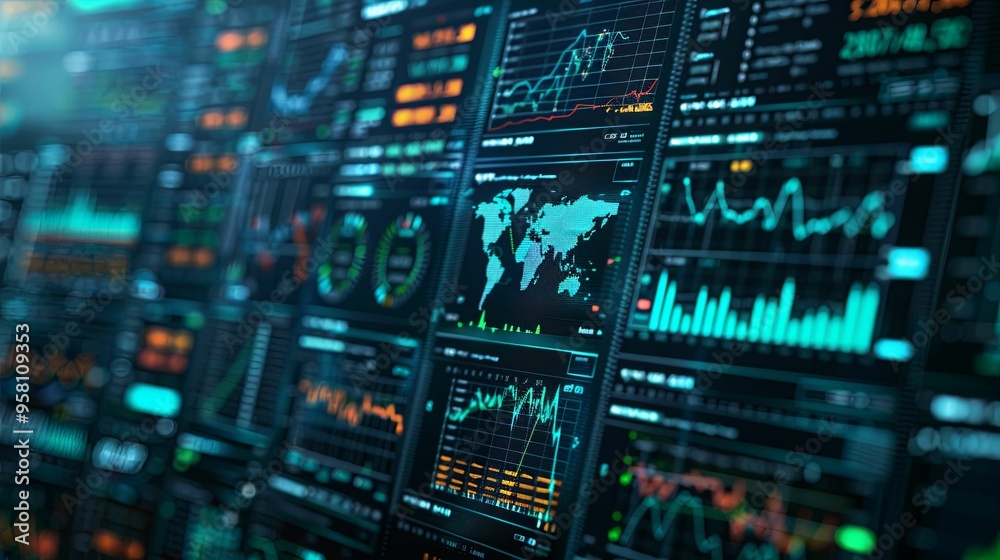 A Closeup of a Computer Screen Displaying Financial Data and a World Map A Closeup of a Computer Screen Displaying Financial Data and a World Map