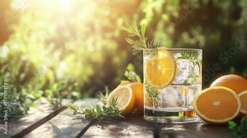 The drink is served in a wooden tabletop glass and is flavored with lemon, mint, and cucumber.