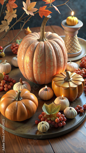 Harvest-Themed Pumpkin Arrangement with Gourds and Fall Decorations