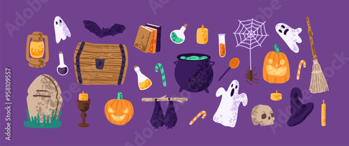 Halloween decoration set. Scary holiday symbols: spooky bats, ghosts, creepy pumpkins, pointed hat, cauldron, web. Helloween party design elements. Flat isolated hand drawn vector illustrations