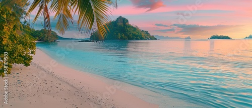 Fototapeta Naklejka Na Ścianę i Meble -  A beautiful beach with a palm tree in the foreground