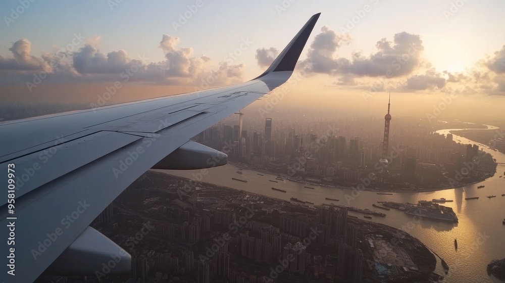 Obraz premium Green fuel cells on an airplane wing, flying over an eco-friendly, pristine cityscape, emphasising sustainable air travel