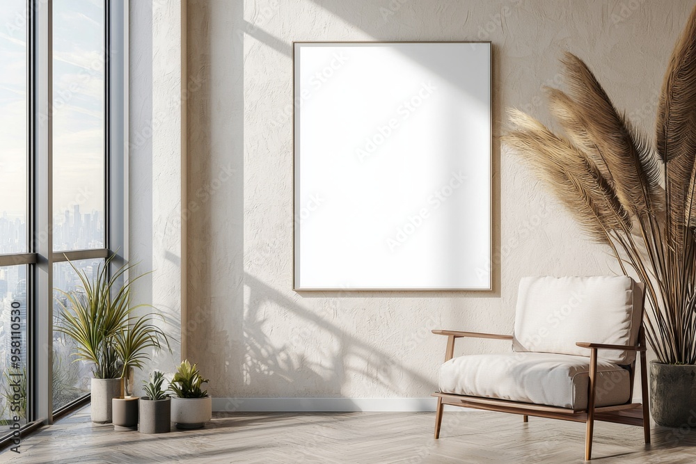 Poster Frame in Beige minimalist living room interior created with generative AI Poster Frame in Beige minimalist living room interior created with generative AI