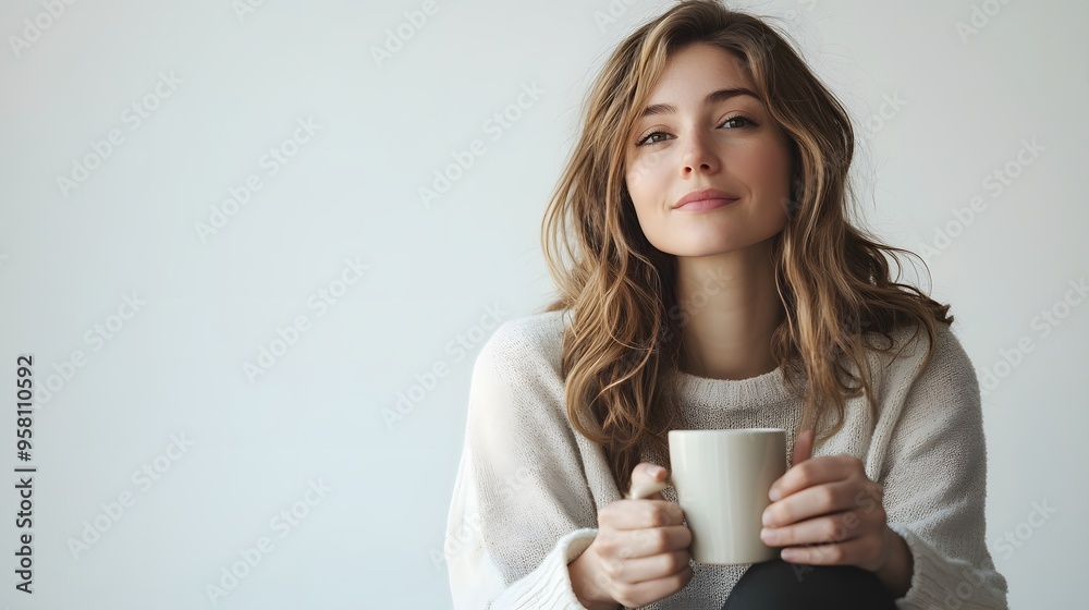 Holding a Cup: A woman sitting comfortably, holding a coffee cup with both hands, against a white background.
Holding a Cup: A woman sitting comfortably, holding a coffee cup with both hands, against a white background.
