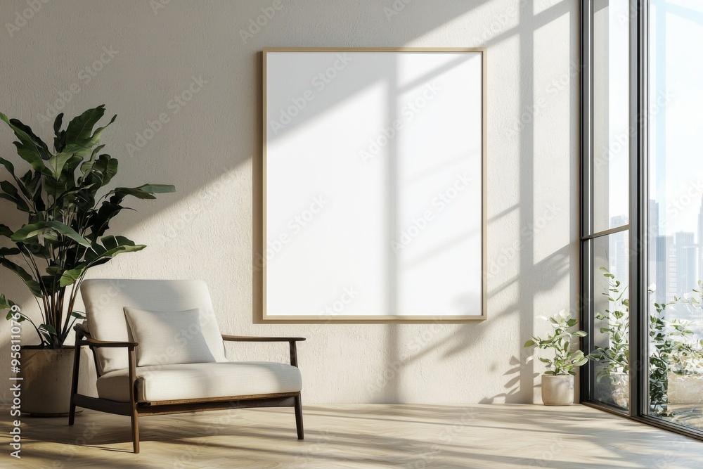Poster Frame in Beige minimalist living room interior created with generative AI Poster Frame in Beige minimalist living room interior created with generative AI