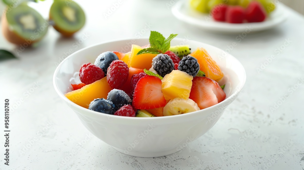 A bowl of fresh fruit salad with mango, kiwi, raspberries, blueberries, and strawberries. A bowl of fresh fruit salad with mango, kiwi, raspberries, blueberries, and strawberries.