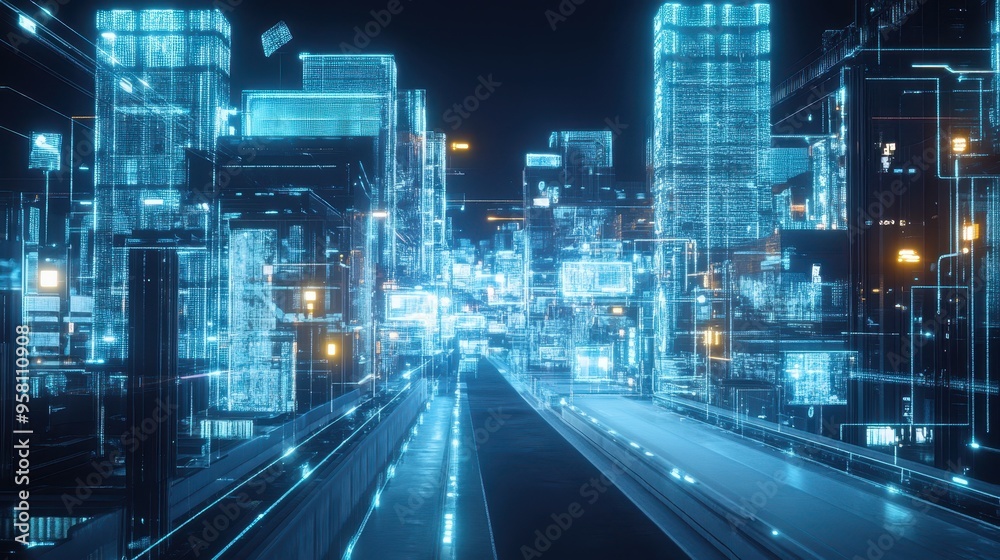 Futuristic Cityscape at Night with Glowing Skyscrapers and Illuminated Streets Futuristic Cityscape at Night with Glowing Skyscrapers and Illuminated Streets