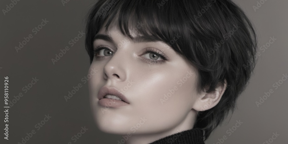 Black and white portrait of young woman with pixie cut, serious Black and white portrait of young woman with pixie cut, serious