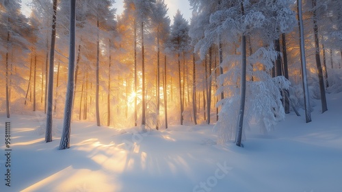 Beautiful winter forest scene with snow-covered trees and a bright sun filtering through the woods