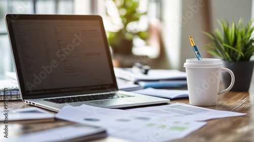 On an office desk, a laptop sits open, displaying a document or spreadsheet, surrounded by scattered paperwork that includes notes, reports, and perhaps a few sticky notes.