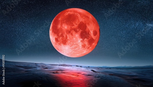 A bright red supermoon rises over a barren landscape at night, casting a surreal glow across the scene. photo