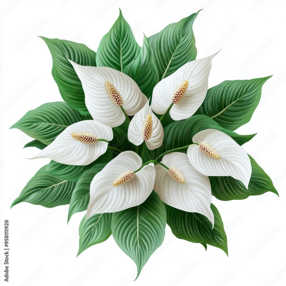 Obraz premium On a transparent white background, a Peace Lily Plant is viewed from the top