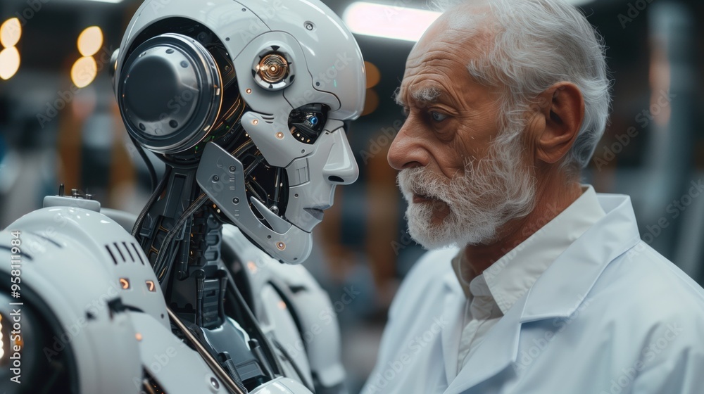 Fototapeta premium Elderly Scientist Deep in Thought Examining an Advanced Humanoid Robot in a Laboratory