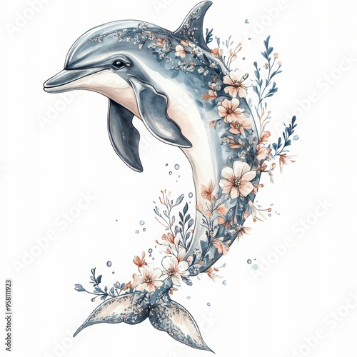 Wallpaper Mural A dolphin adorned with floral elements, blending nature and marine life. Torontodigital.ca