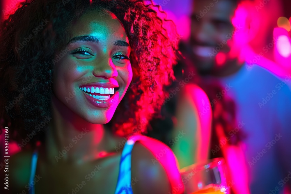 'Nightlife' concept depicted in the form of a smiling woman socializing with friends at a vibrant party with colorful string lights. 'Nightlife' concept depicted in the form of a smiling woman socializing with friends at a vibrant party with colorful string lights.