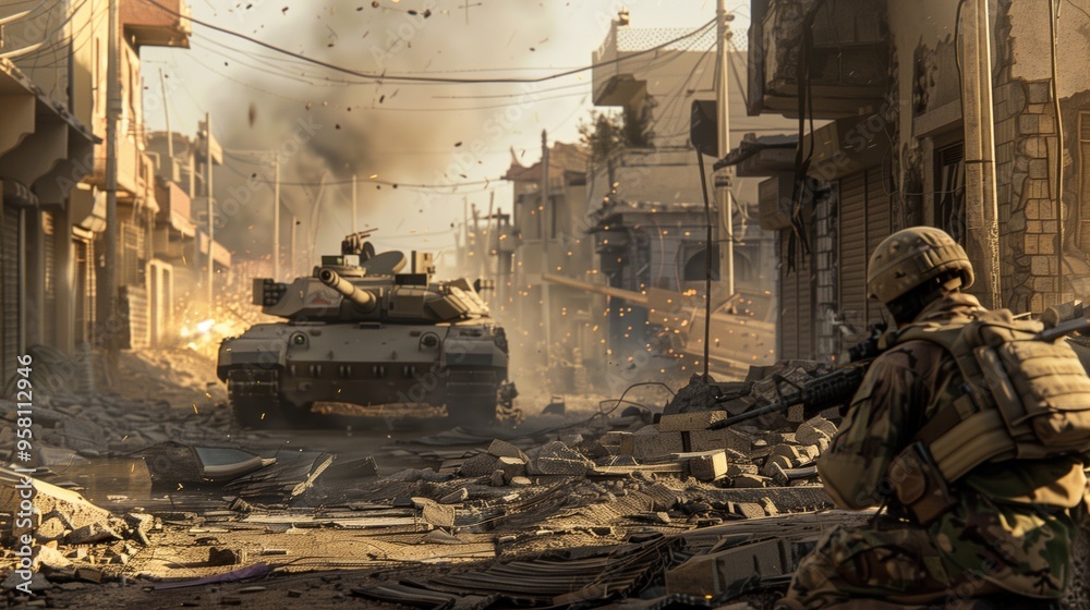 Soldier in Urban Warfare with Tank Amidst Devastated City Street Soldier in Urban Warfare with Tank Amidst Devastated City Street