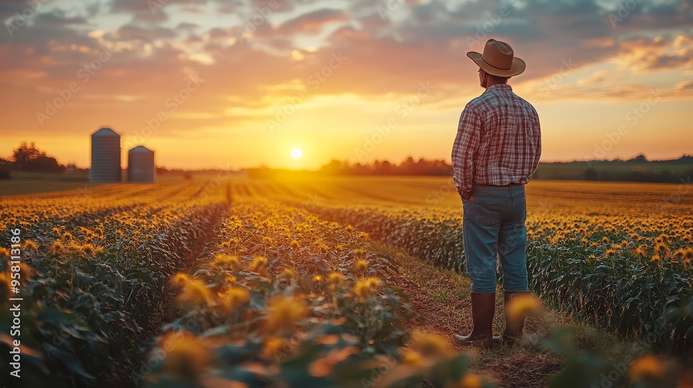 Fototapeta premium Farmer standing in a field of golden wheat, examining the crops as the sun sets