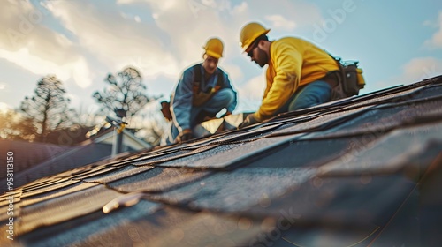  Removal of old asphalt shingles from the roof. Construction workers replacing the house roof covering.