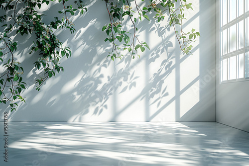 A simple and elegant light background with a soft focus on foliage shadows against a white wall, creating a serene and versatile setting for presentations or photography with a sleek, uncluttered floo photo