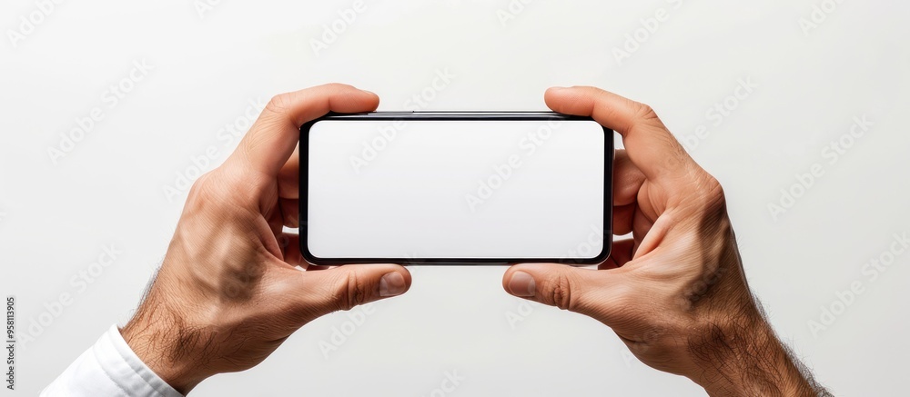 Hands hold mobile phone on a white screen, horizontal style. Blank screen smart phone. Hands hold mobile phone on a white screen, horizontal style. Blank screen smart phone.