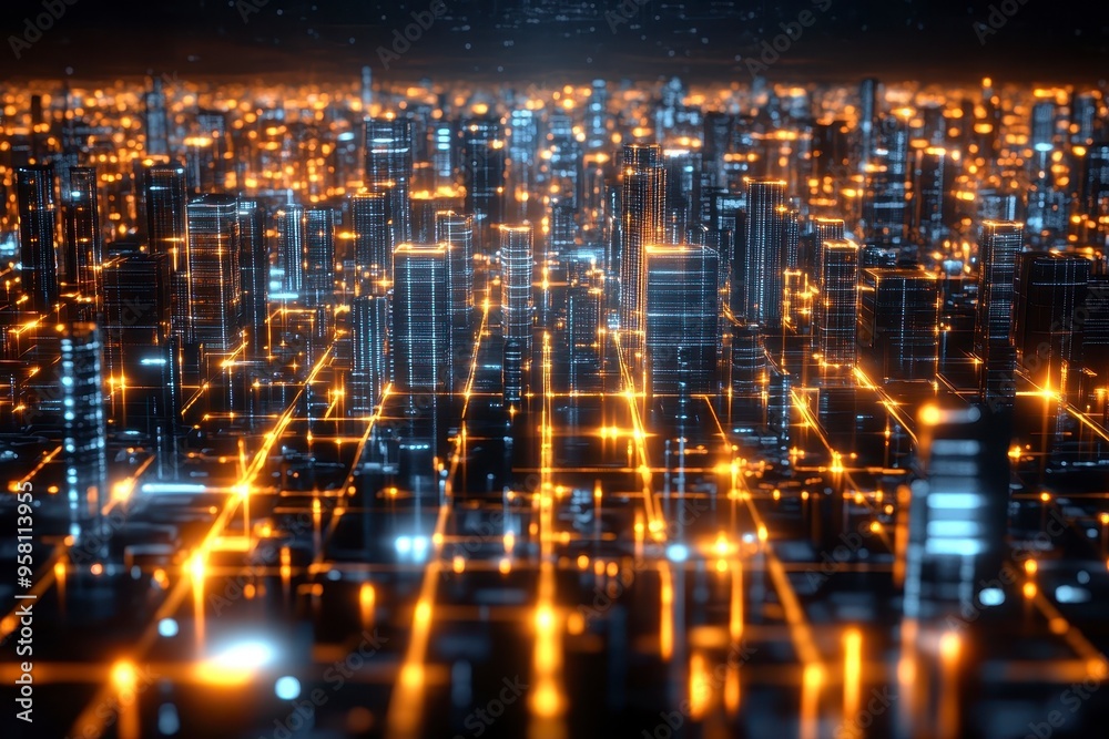 A futuristic cityscape with glowing lights and a complex grid, symbolizing a smart, connected metropolis. A futuristic cityscape with glowing lights and a complex grid, symbolizing a smart, connected metropolis.