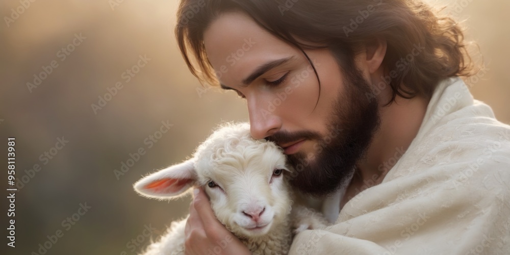 Peaceful man in beige robe holding a small lamb in serene settin Peaceful man in beige robe holding a small lamb in serene settin