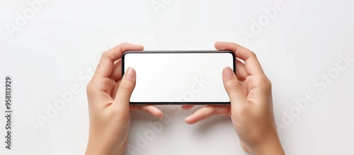 Hands hold mobile phone on a white screen, horizontal style. Blank screen smart phone.
