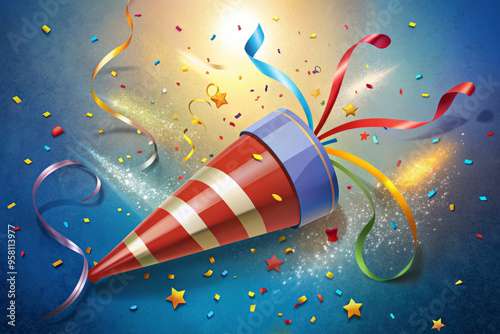 onfetti and Colorful Party Horn on Blue Background with Festive Vibes photo