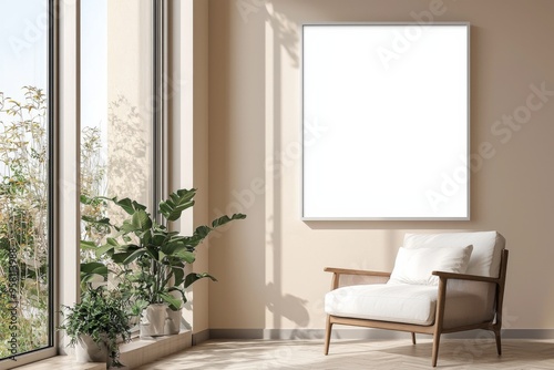 Poster Frame in Beige minimalist living room interior created with generative AI