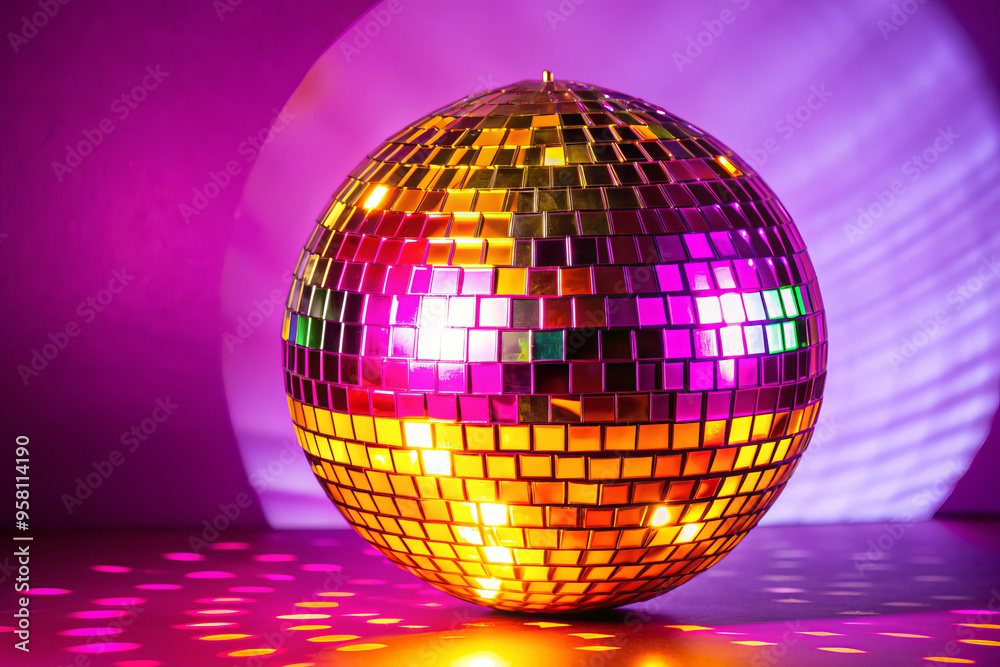 Obraz premium Shiny Disco Ball Reflecting Colorful Light in a Vibrant Party Atmosphere with Dance Floor Reflections
