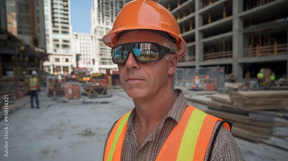 An experienced construction worker wears protective goggles and a hard hat at a building site. An experienced construction worker wears protective goggles and a hard hat at a building site.