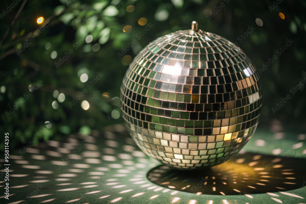 Obraz premium Close-up of Disco Ball Sparkling with Colorful Lights for Party Celebrations