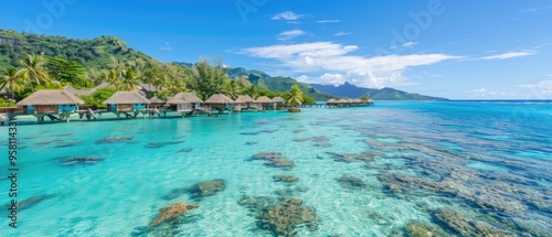 A beautiful blue ocean with a few small houses on the shore