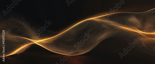 Golden particles are forming an abstract wave over a black background. High quality photo