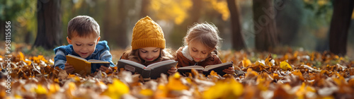 Group of children reading books in autumn forest. Concept of learning, studying, educatin and enjoyment.