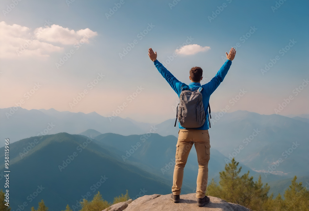Carefree hiker with arms raised on mountain top Carefree hiker with arms raised on mountain top