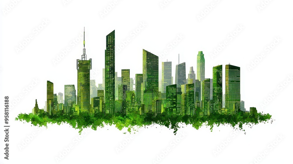 Fototapeta premium A city skyline with a green tint