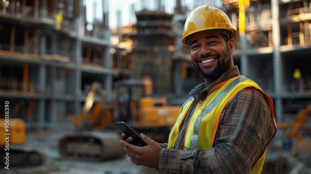 Obraz premium Construction Worker Holding Smartphone and Smiling