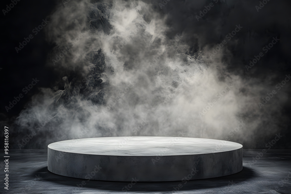 Gray textured concrete podium enveloped in swirling smoke against dark background for dramatic product display Gray textured concrete podium enveloped in swirling smoke against dark background for dramatic product display