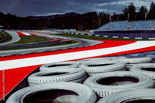 Race track. A high-speed corner of race ring during the day.