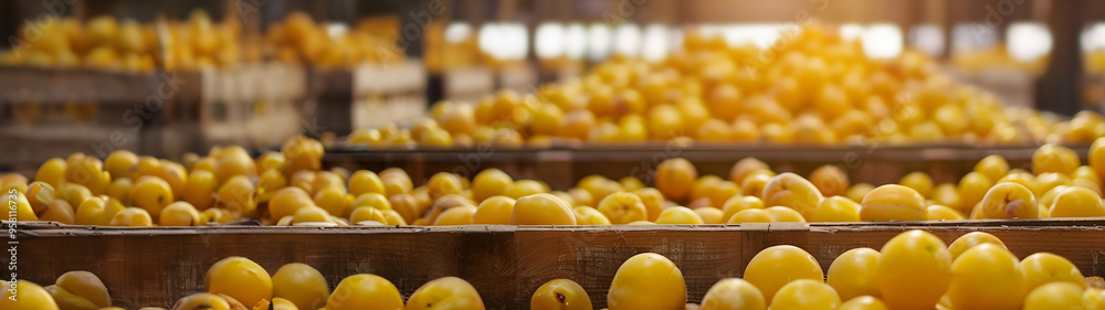 Yellow pears harvested in wooden boxes in a warehouse. Natural organic fruit abundance. Healthy and natural food storing and shipping concept. Yellow pears harvested in wooden boxes in a warehouse. Natural organic fruit abundance. Healthy and natural food storing and shipping concept.