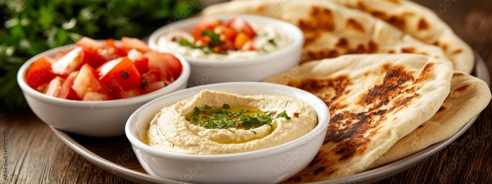 A platter of pita bread, a bowl of hummus, and a assorted plate of tomatoes and cucumbers A platter of pita bread, a bowl of hummus, and a assorted plate of tomatoes and cucumbers
