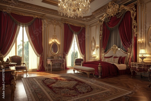 A luxury bedroom with large windows, a plush bed, and a chandelier.