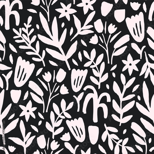 Seamless floral pattern with hand drawn plant, flowers, leaves. Trendy botanical monochrome texture for fabric, textile. Vector illustration