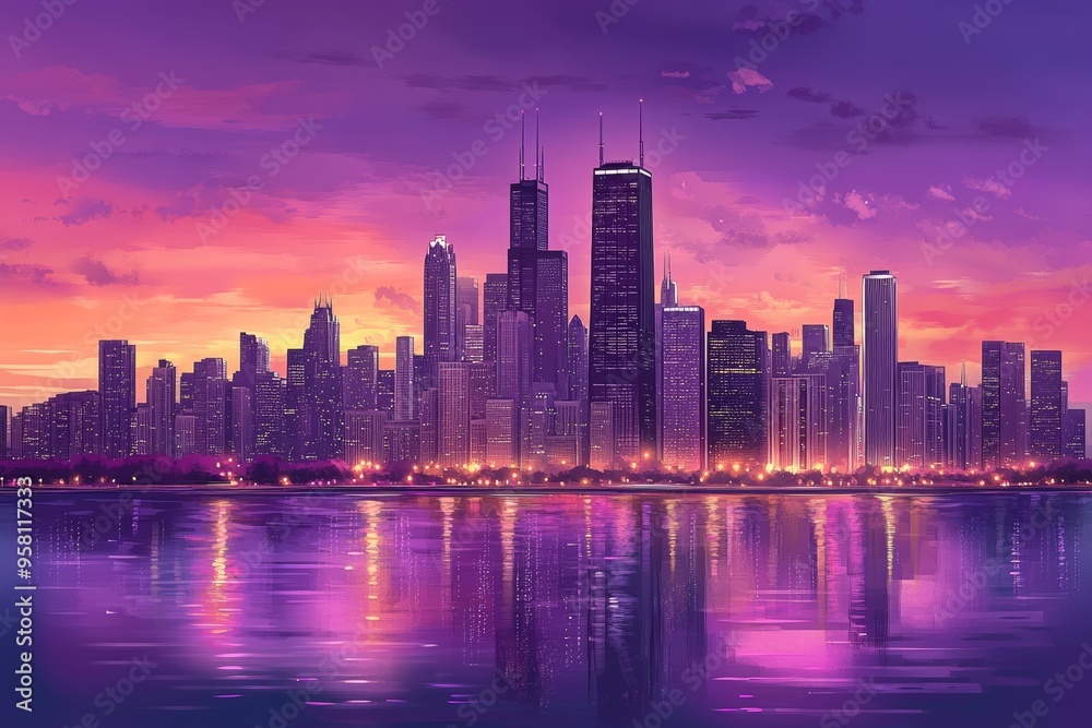 Sunset silhouette of a cityscape reflecting in water. Sunset silhouette of a cityscape reflecting in water.