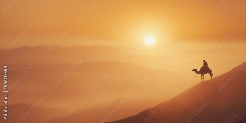 Serene Camel Ride at Sunset with Warm Glow and Misty Mountains i Serene Camel Ride at Sunset with Warm Glow and Misty Mountains i